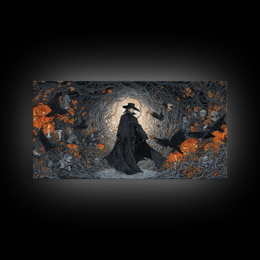 The Crow-Masked Assassin, Wide Panoramic Art, Gothic Horror Wall Art, Framed Canvas Print, Halloween Wall Decor, Gothic Home Decor