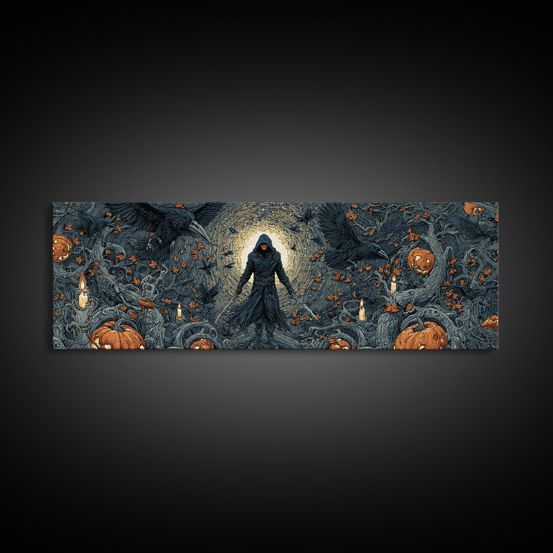 The Crow-Masked Assassin, Extra Wide Wall Art, Macabre Wall Art, Framed Canvas Print, Halloween Wall Decor, Gothic Home Decor