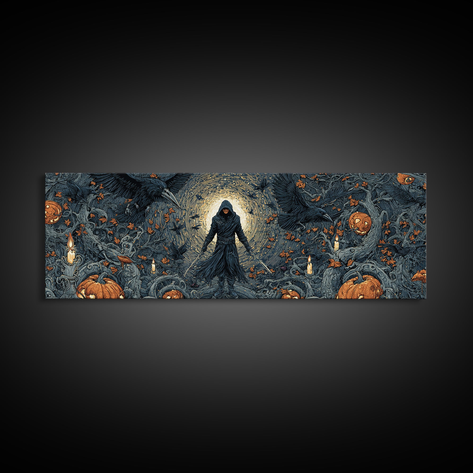 The Crow-Masked Assassin, Extra Wide Wall Art, Macabre Wall Art, Framed Canvas Print, Halloween Wall Decor, Gothic Home Decor