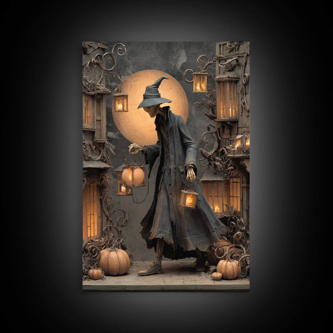 The Lantern Mage, Vertical Wall Art, Haunted Gothic Art, Framed Canvas Print, Halloween Wall Decor, Gothic Home Decor, Horror Wall Art