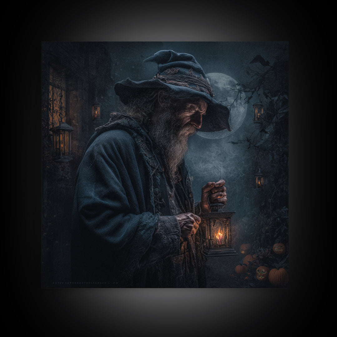 The Lantern Mage, Square Wall Art, Haunted Gothic Art, Framed Canvas Print, Halloween Wall Decor, Gothic Home Decor, Horror Wall Art