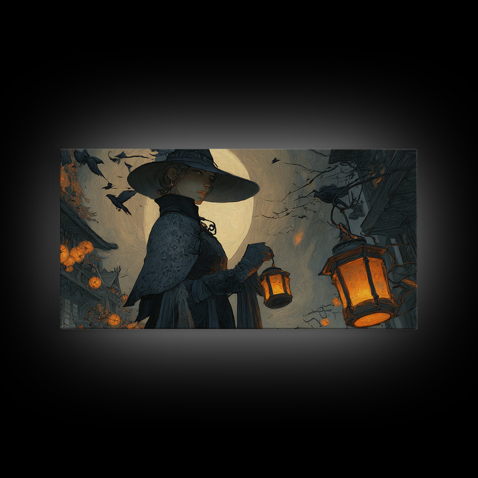 The Lantern Mage, Wide Panoramic Art, Dark Halloween Decor, Canvas Print, Halloween Wall Decor, Gothic Home Decor, Seasonal Home Decor