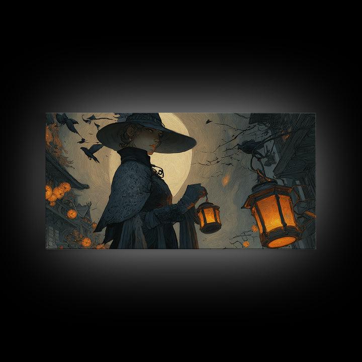 The Lantern Mage, Wide Panoramic Art, Dark Halloween Decor, Canvas Print, Halloween Wall Decor, Gothic Home Decor, Seasonal Home Decor