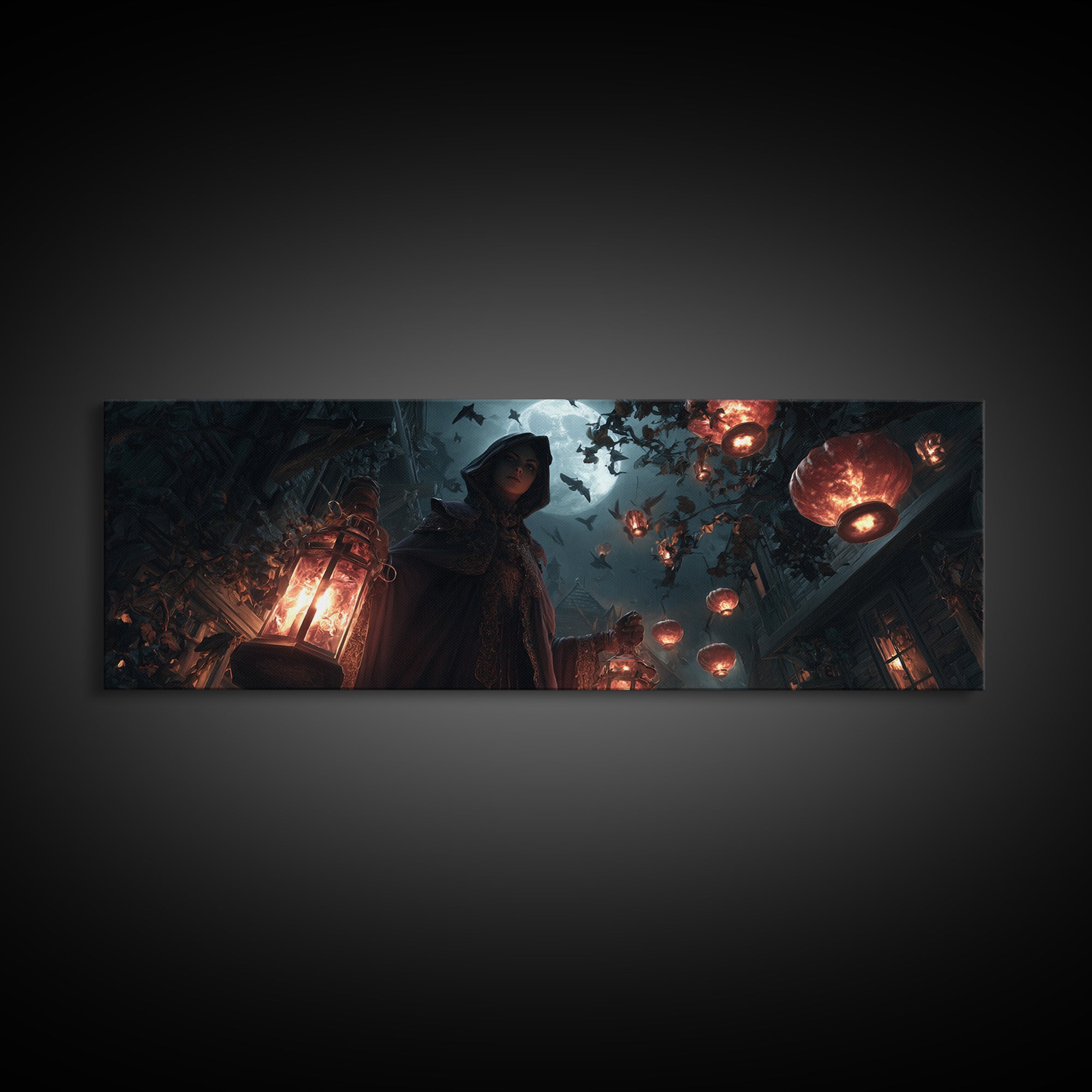 The Lantern Mage, Extra Wide Wall Art, Gothic Horror Wall Art, Framed Canvas Print, Halloween Wall Decor, Gothic Home Decor