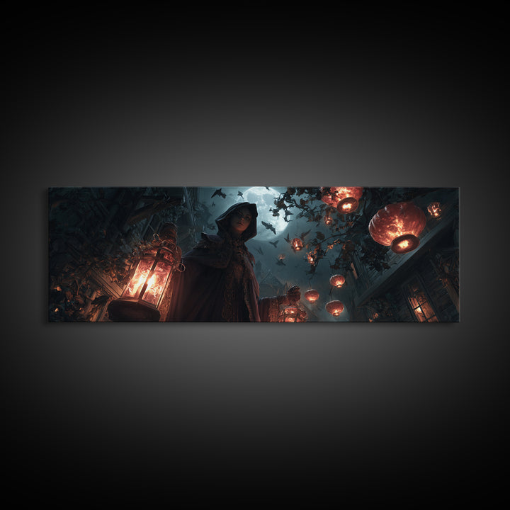 The Lantern Mage, Extra Wide Wall Art, Gothic Horror Wall Art, Framed Canvas Print, Halloween Wall Decor, Gothic Home Decor