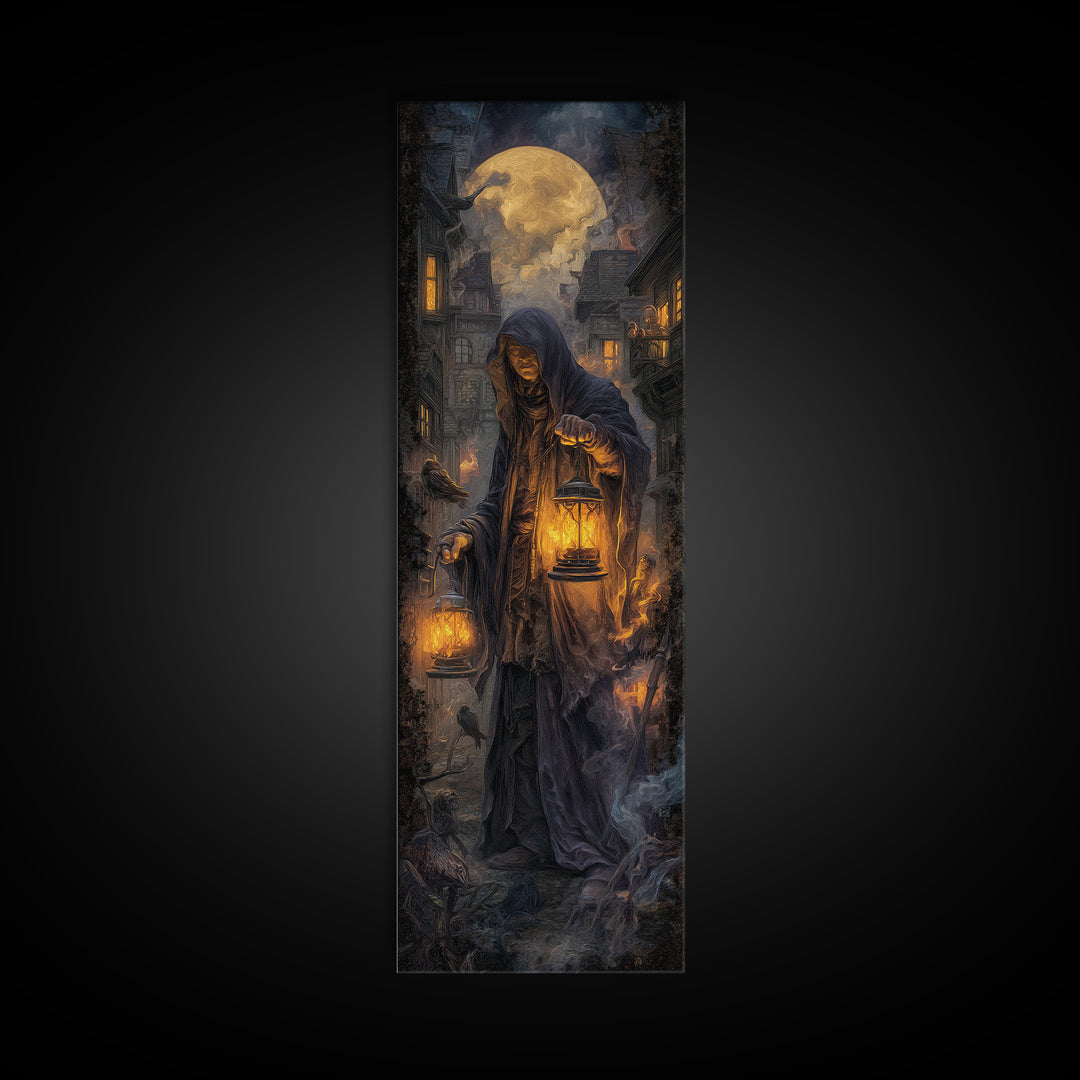The Lantern Mage, Tall Narrow Wall Art, Dark Fantasy Wall Art, Canvas Print, Halloween Wall Decor, Gothic Home Decor, Dark Fantasy Art