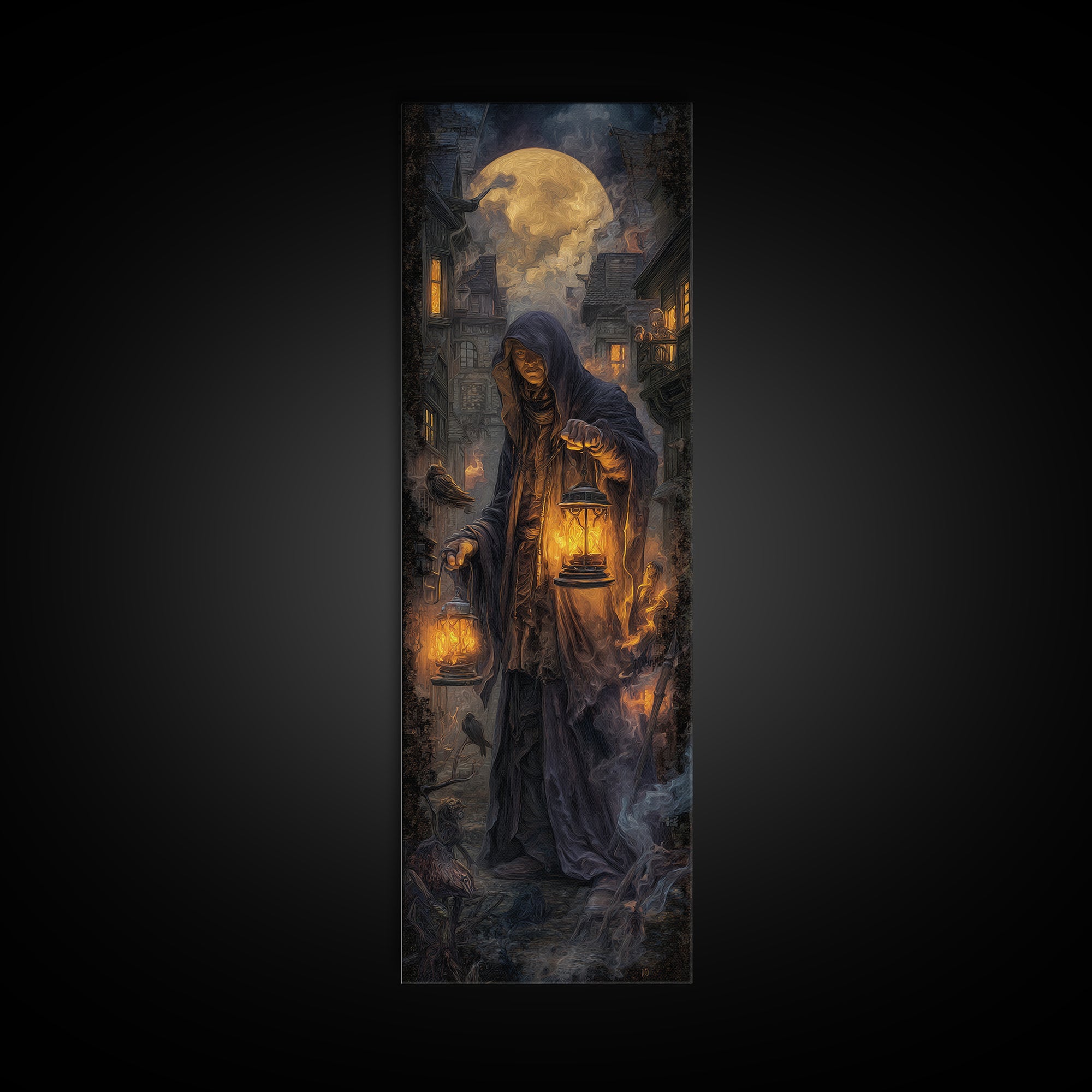 The Lantern Mage, Tall Narrow Wall Art, Dark Fantasy Wall Art, Canvas Print, Halloween Wall Decor, Gothic Home Decor, Dark Fantasy Art