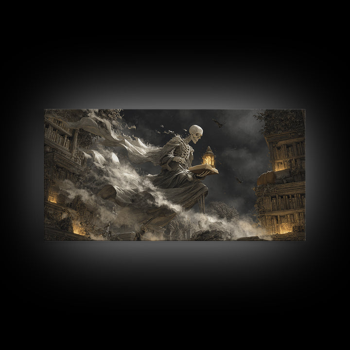 The Crypt Librarian, Wide Panoramic Art, Gothic Horror Wall Art, Framed Canvas Print, Halloween Wall Decor, Gothic Home Decor