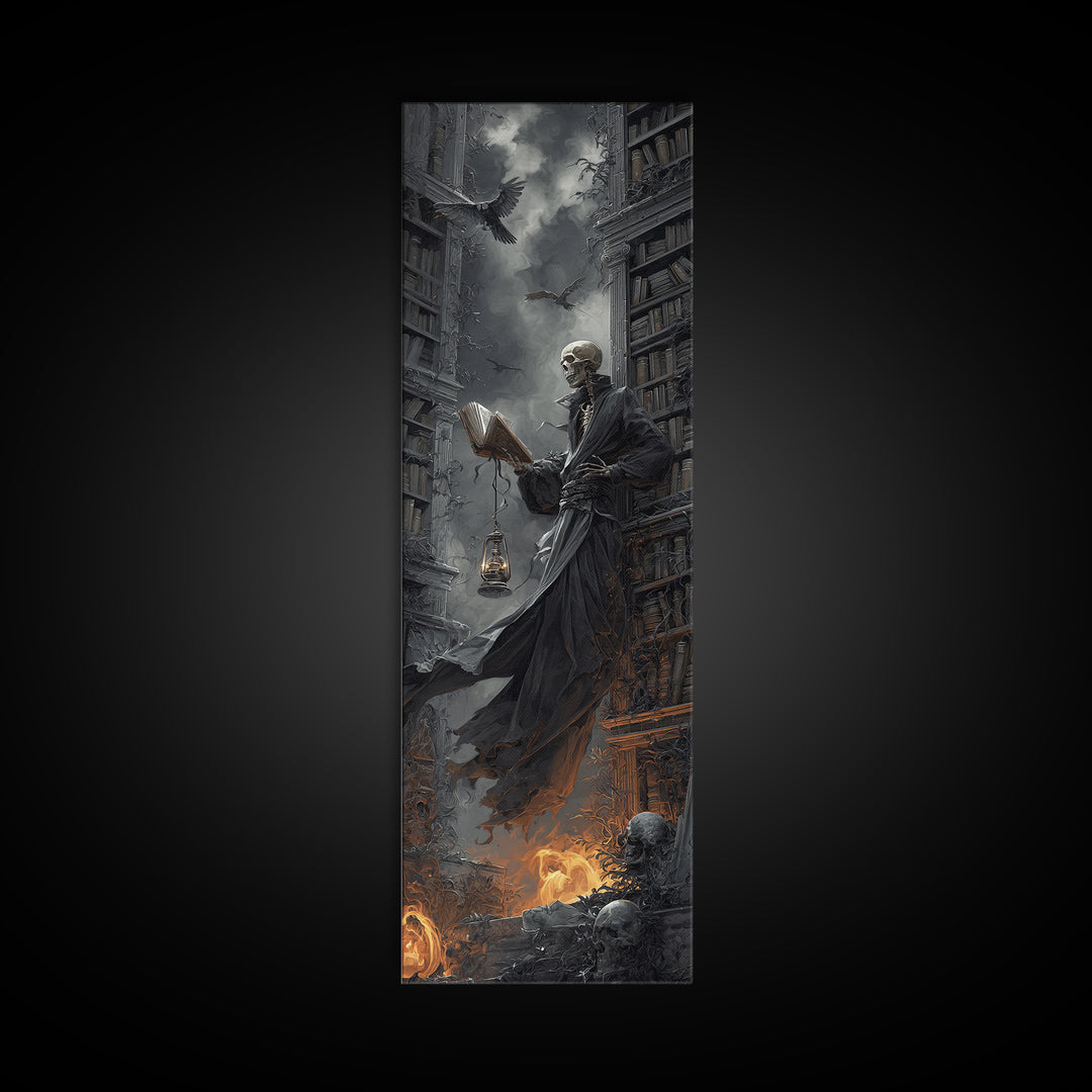 The Crypt Librarian, Tall Narrow Wall Art, Dark Halloween Decor, Canvas Print, Halloween Wall Decor, Gothic Home Decor, Dark Fantasy Art