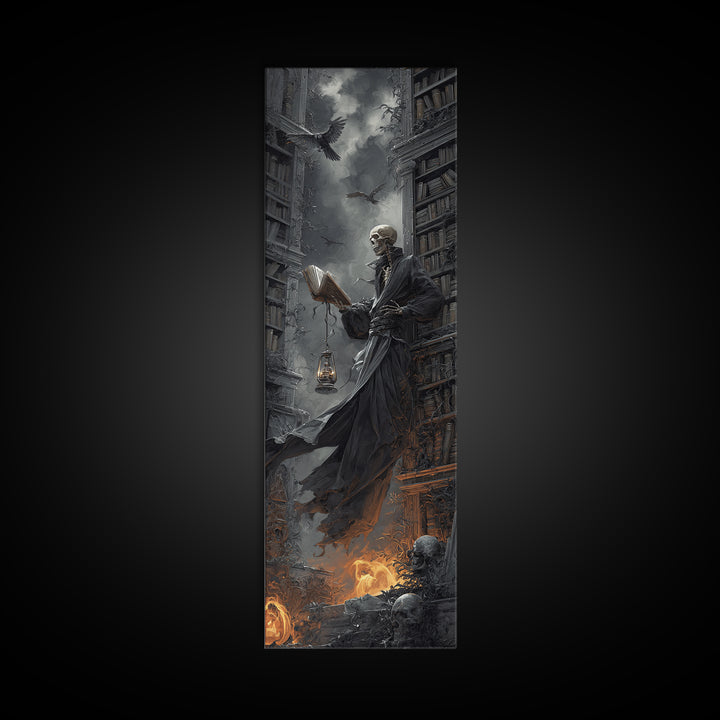 The Crypt Librarian, Tall Narrow Wall Art, Dark Halloween Decor, Canvas Print, Halloween Wall Decor, Gothic Home Decor, Dark Fantasy Art
