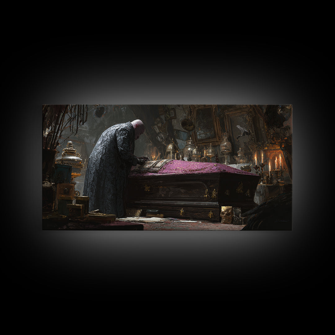 The Royal Coffin Maker, Wide Panoramic Art, Macabre Wall Art, Framed Canvas Print, Halloween Wall Decor, Gothic Home Decor, Halloween Decor