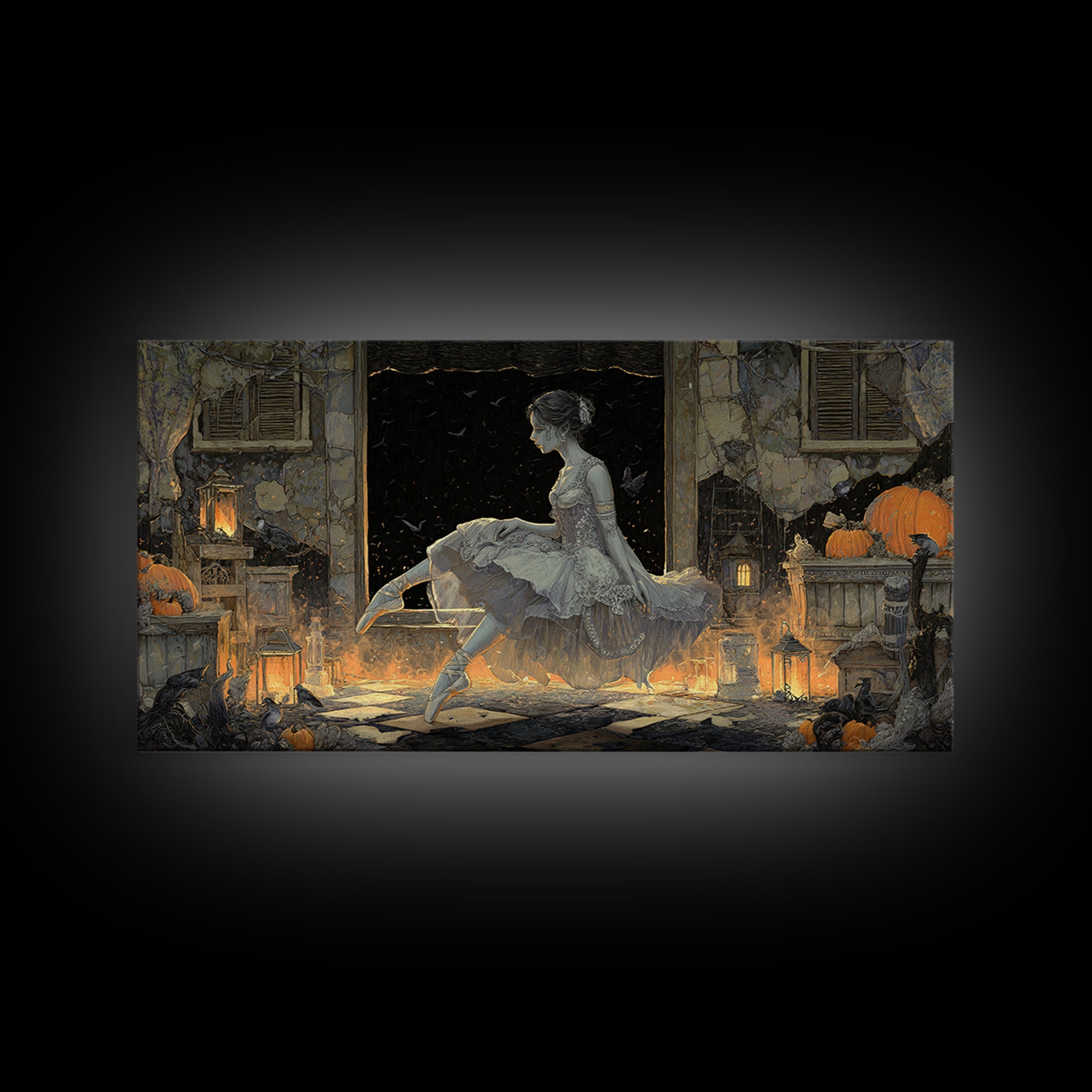 The Phantom Ballerina, Wide Panoramic Art, Haunted Gothic Art, Framed Canvas Print, Halloween Wall Decor, Gothic Home Decor