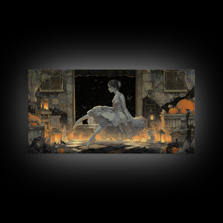 The Phantom Ballerina, Wide Panoramic Art, Haunted Gothic Art, Framed Canvas Print, Halloween Wall Decor, Gothic Home Decor