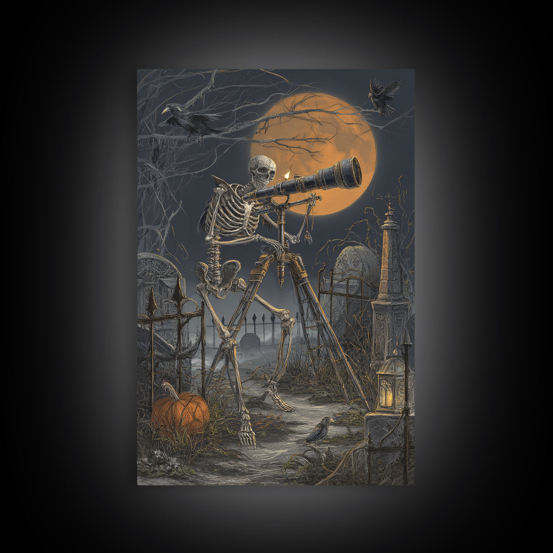 The Skull Astronomer, Vertical Wall Art, Spooky Home Decor, Canvas Print, Halloween Wall Decor, Gothic Home Decor, Spooky Wall Decor