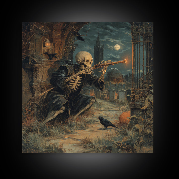 The Skull Astronomer, Square Wall Art, Macabre Wall Art, Framed Canvas Print, Halloween Wall Decor, Gothic Home Decor, Halloween Decor