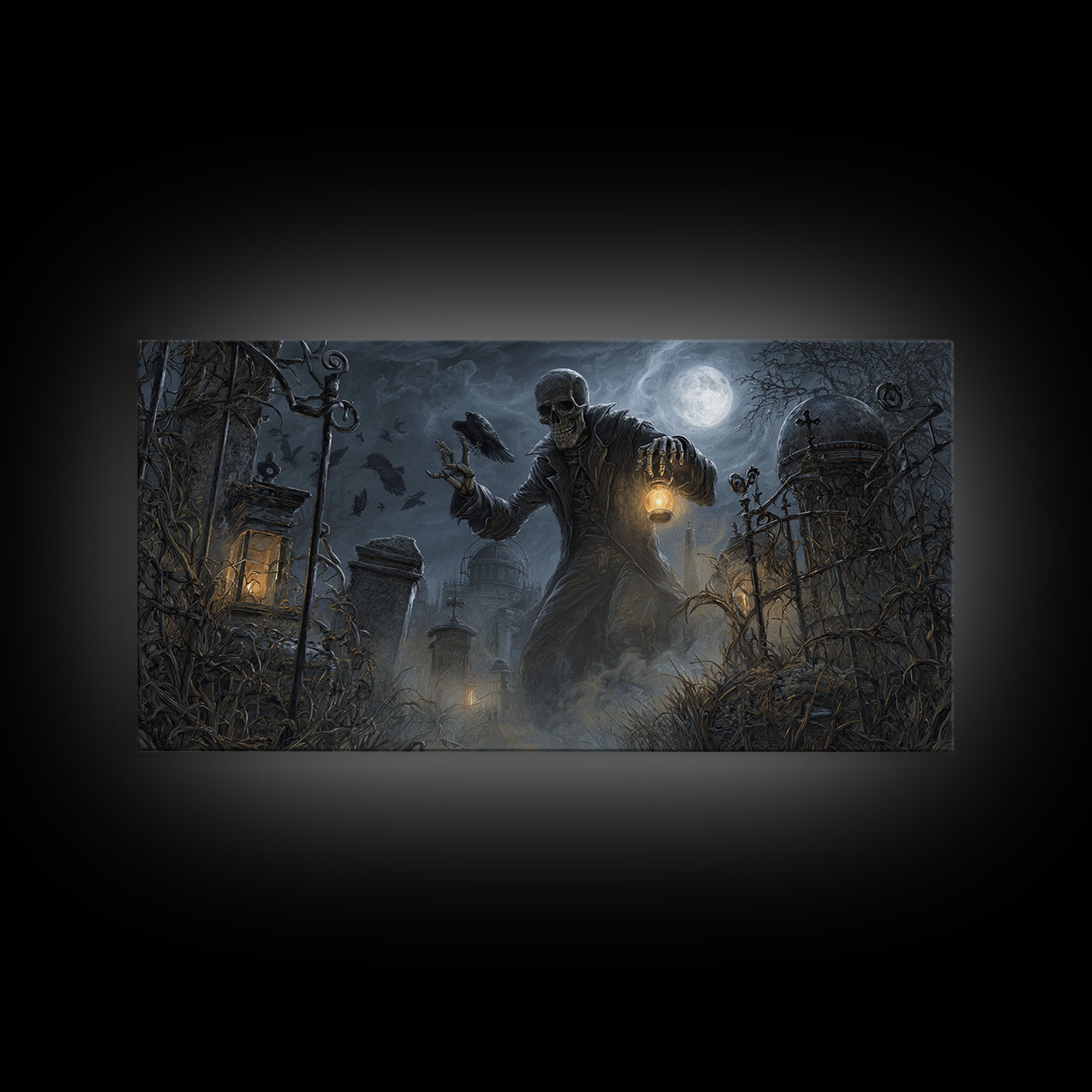 The Skull Astronomer, Wide Panoramic Art, Gothic Horror Wall Art, Framed Canvas Print, Halloween Wall Decor, Gothic Home Decor