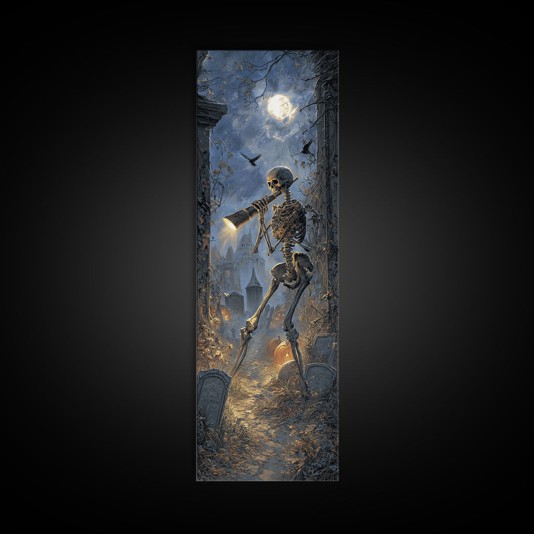 The Skull Astronomer, Tall Narrow Wall Art, Gothic Horror Wall Art, Framed Canvas Print, Halloween Wall Decor, Gothic Home Decor