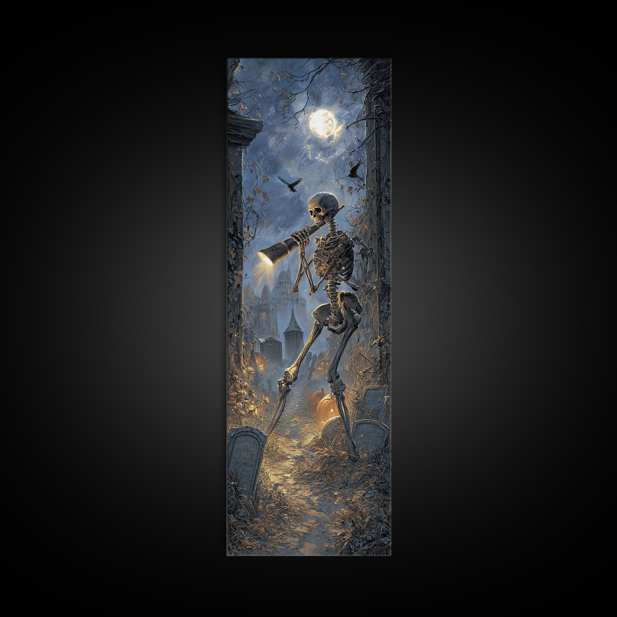 The Skull Astronomer, Tall Narrow Wall Art, Gothic Horror Wall Art, Framed Canvas Print, Halloween Wall Decor, Gothic Home Decor