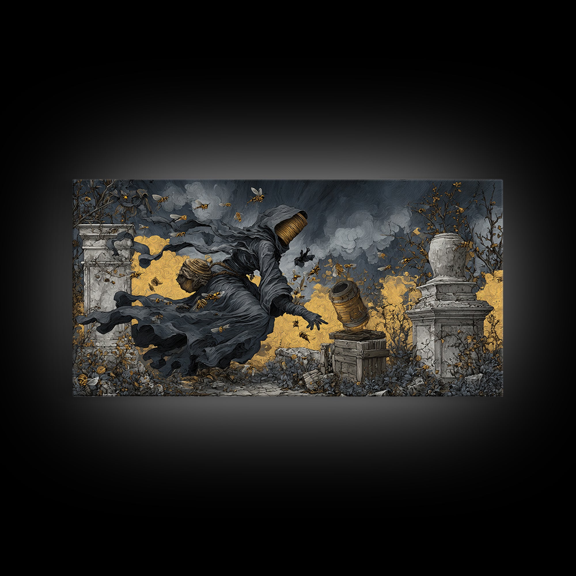 The Cemetery Beekeeper, Wide Panoramic Art, Dark Fantasy Wall Art, Canvas Print, Halloween Wall Decor, Gothic Home Decor
