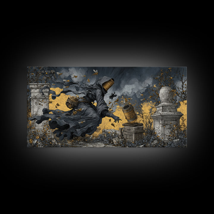The Cemetery Beekeeper, Wide Panoramic Art, Dark Fantasy Wall Art, Canvas Print, Halloween Wall Decor, Gothic Home Decor