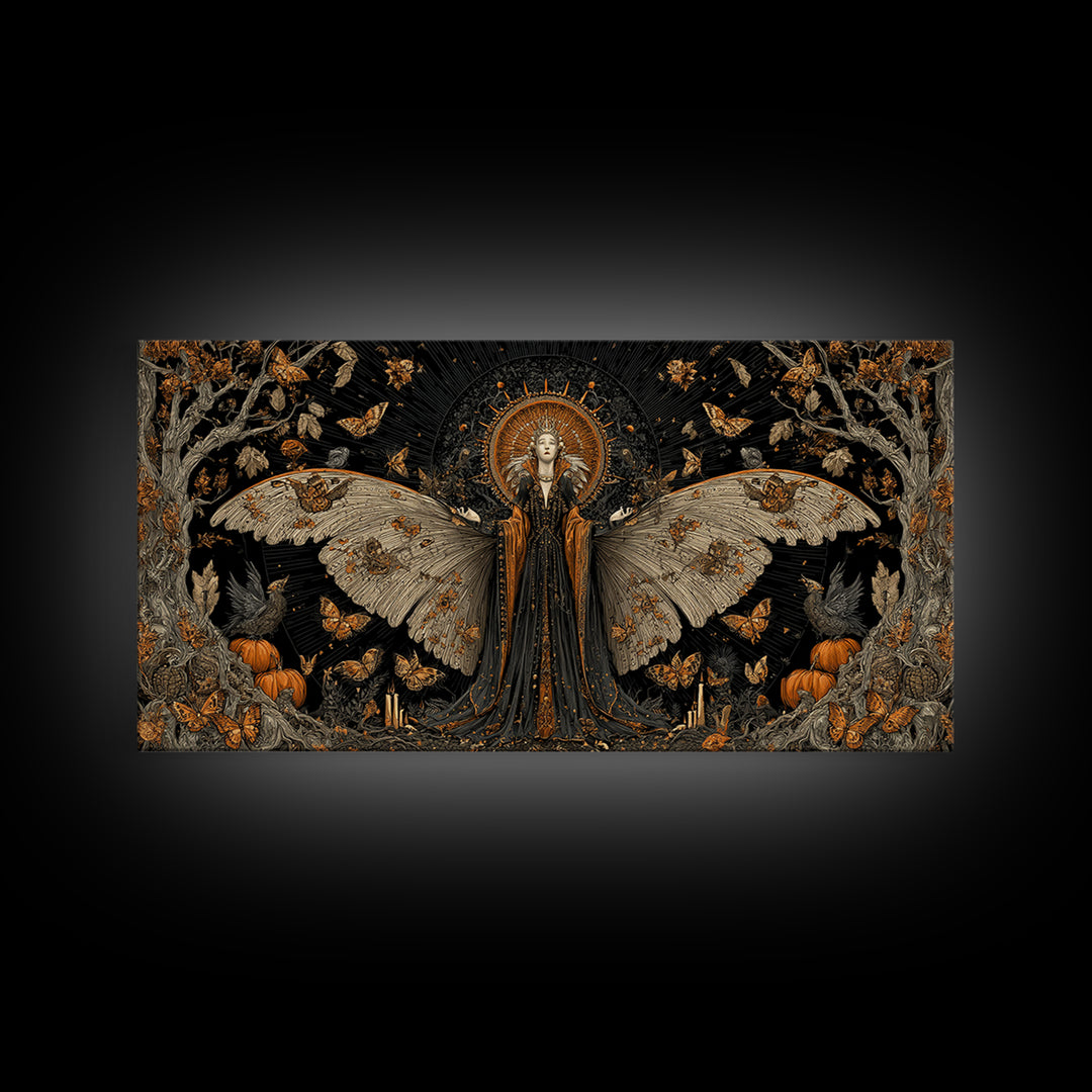 The Moth-Winged Empress, Wide Panoramic Art, Gothic Horror Wall Art, Framed Canvas Print, Halloween Wall Decor, Gothic Home Decor