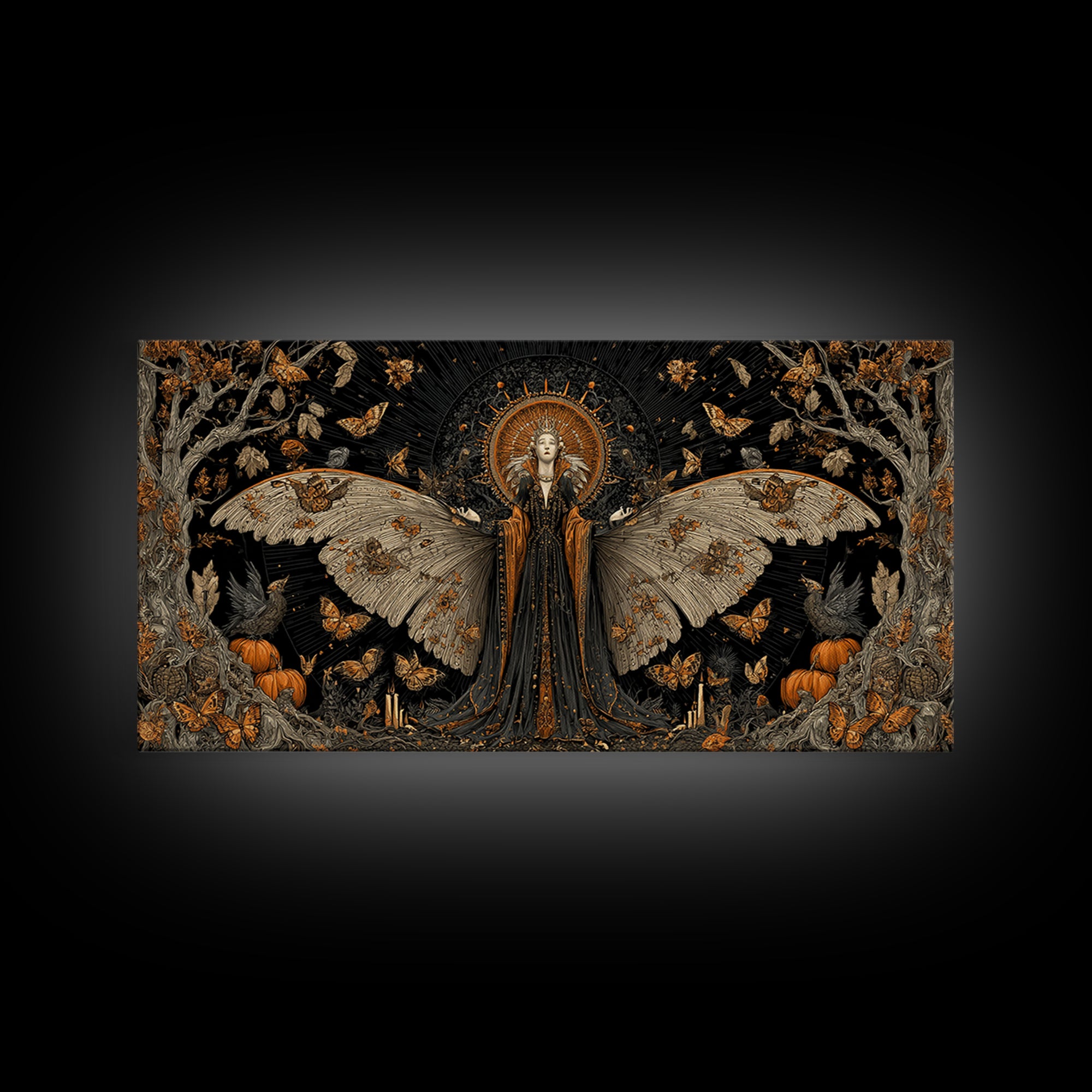The Moth-Winged Empress, Wide Panoramic Art, Gothic Horror Wall Art, Framed Canvas Print, Halloween Wall Decor, Gothic Home Decor