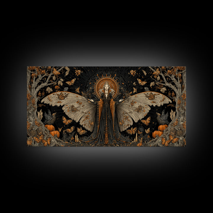The Moth-Winged Empress, Wide Panoramic Art, Gothic Horror Wall Art, Framed Canvas Print, Halloween Wall Decor, Gothic Home Decor