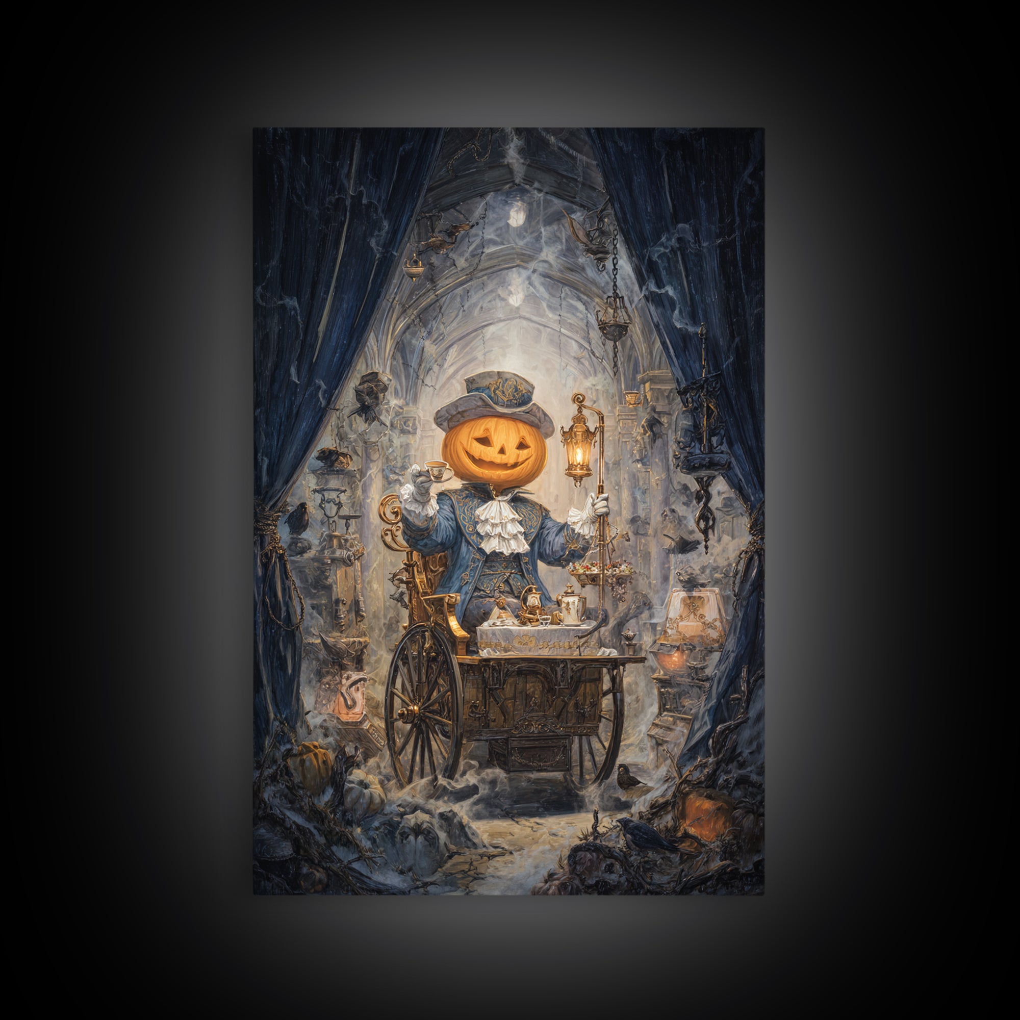 The Pumpkin-Headed Tea Merchant, Vertical Wall Art, Macabre Wall Art, Framed Canvas Print, Halloween Wall Decor, Gothic Home Decor