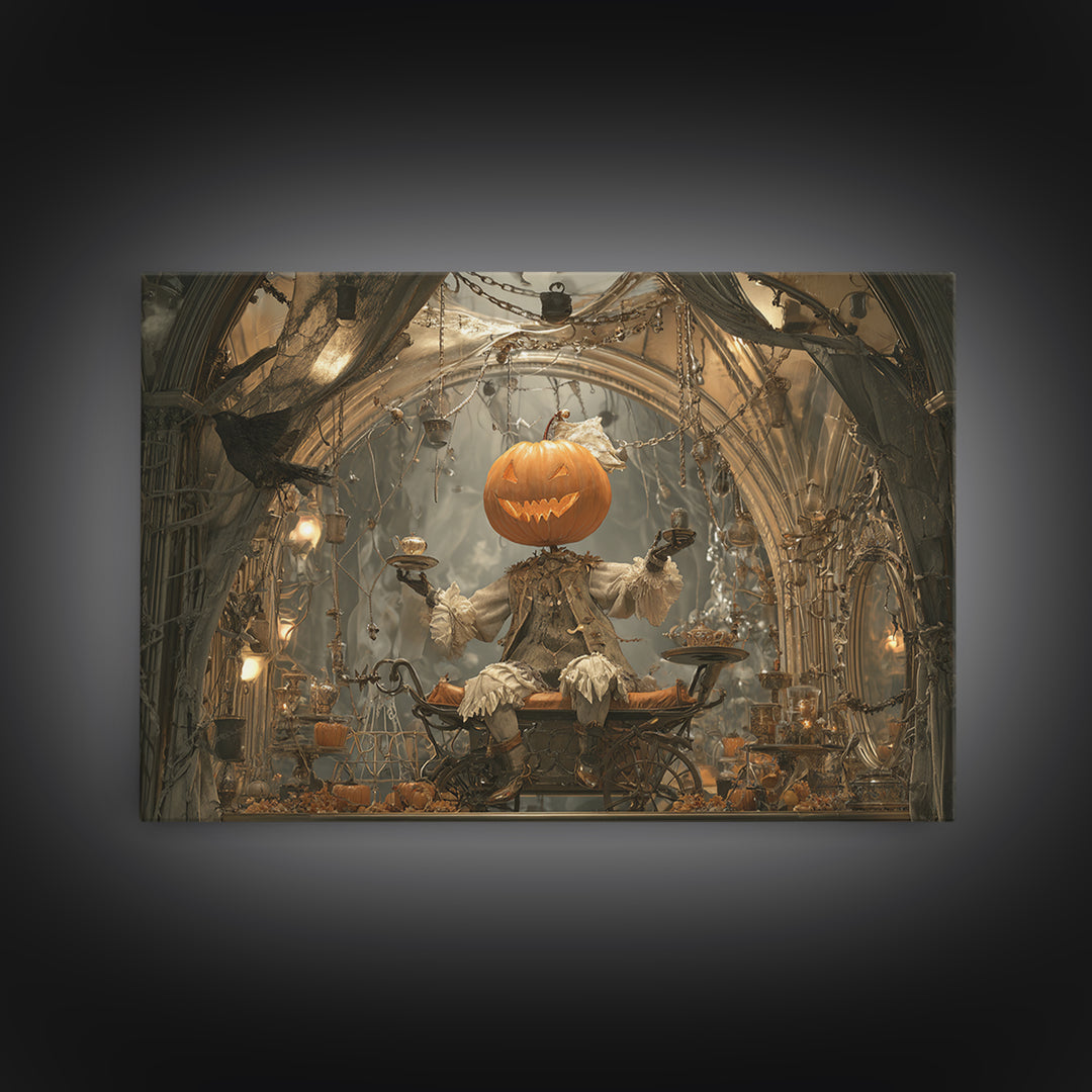The Pumpkin-Headed Tea Merchant, Landscape Wall Art, Dark Halloween Decor, Canvas Print, Halloween Wall Decor, Gothic Home Decor