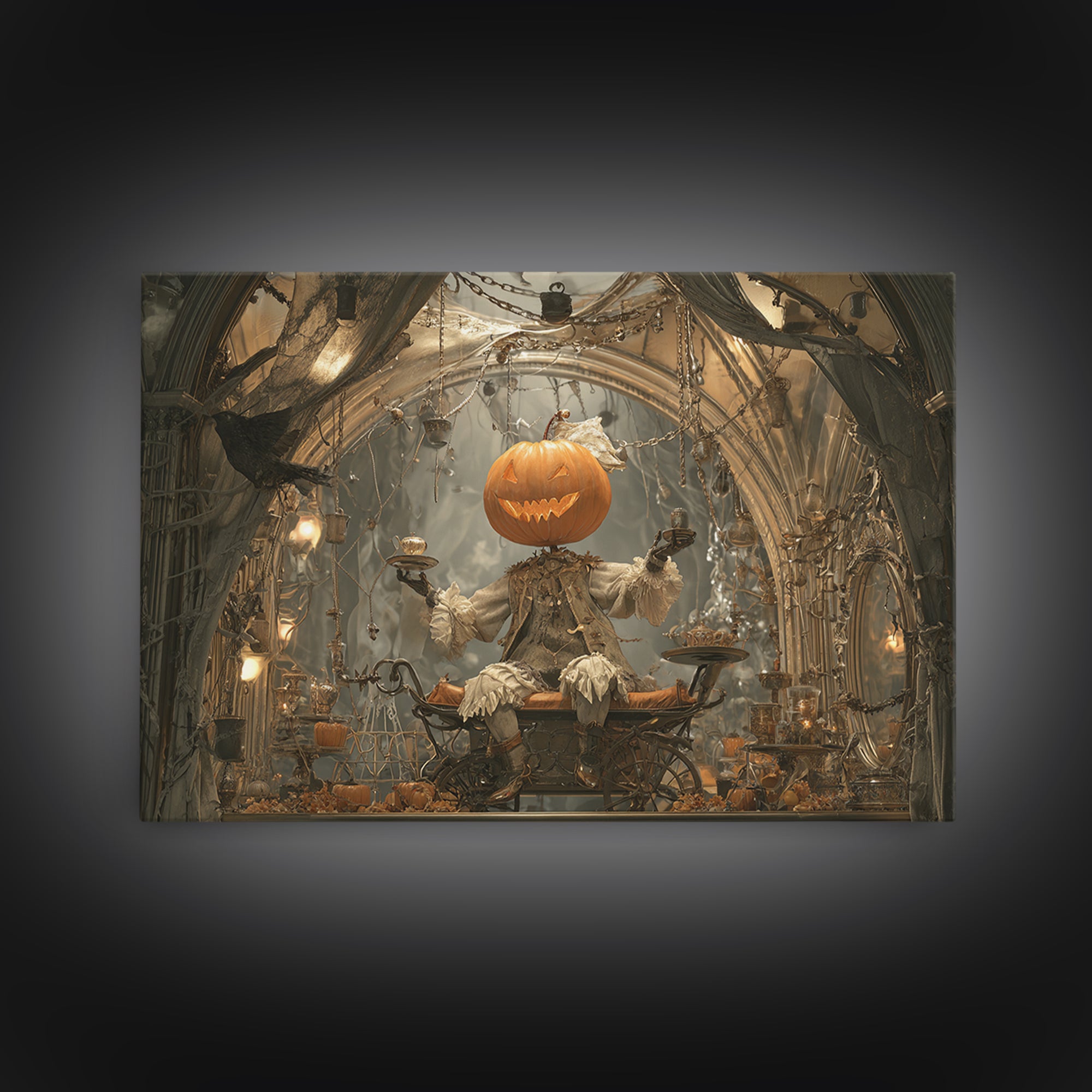The Pumpkin-Headed Tea Merchant, Landscape Wall Art, Dark Halloween Decor, Canvas Print, Halloween Wall Decor, Gothic Home Decor