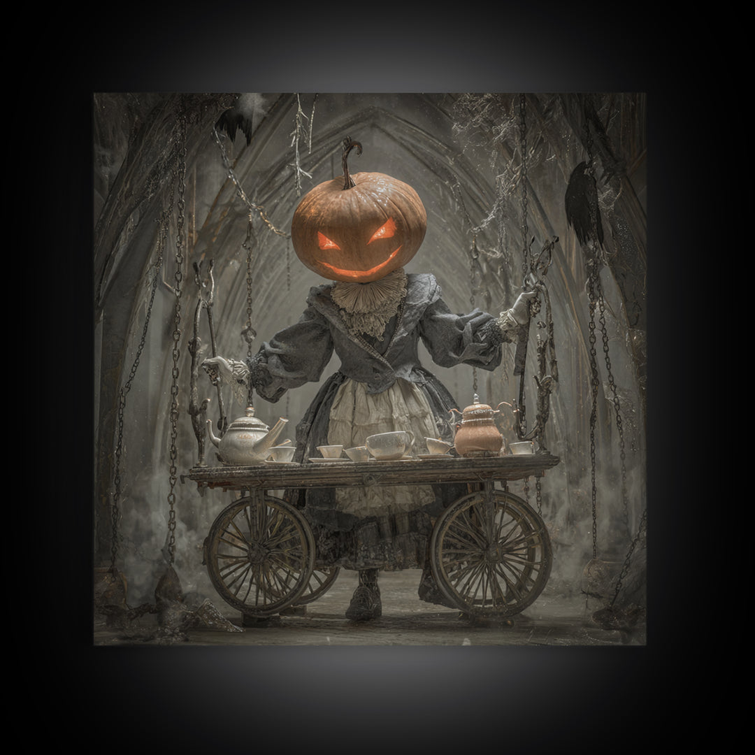 The Pumpkin-Headed Tea Merchant, Square Wall Art, Dark Fantasy Wall Art, Canvas Print, Halloween Wall Decor, Gothic Home Decor