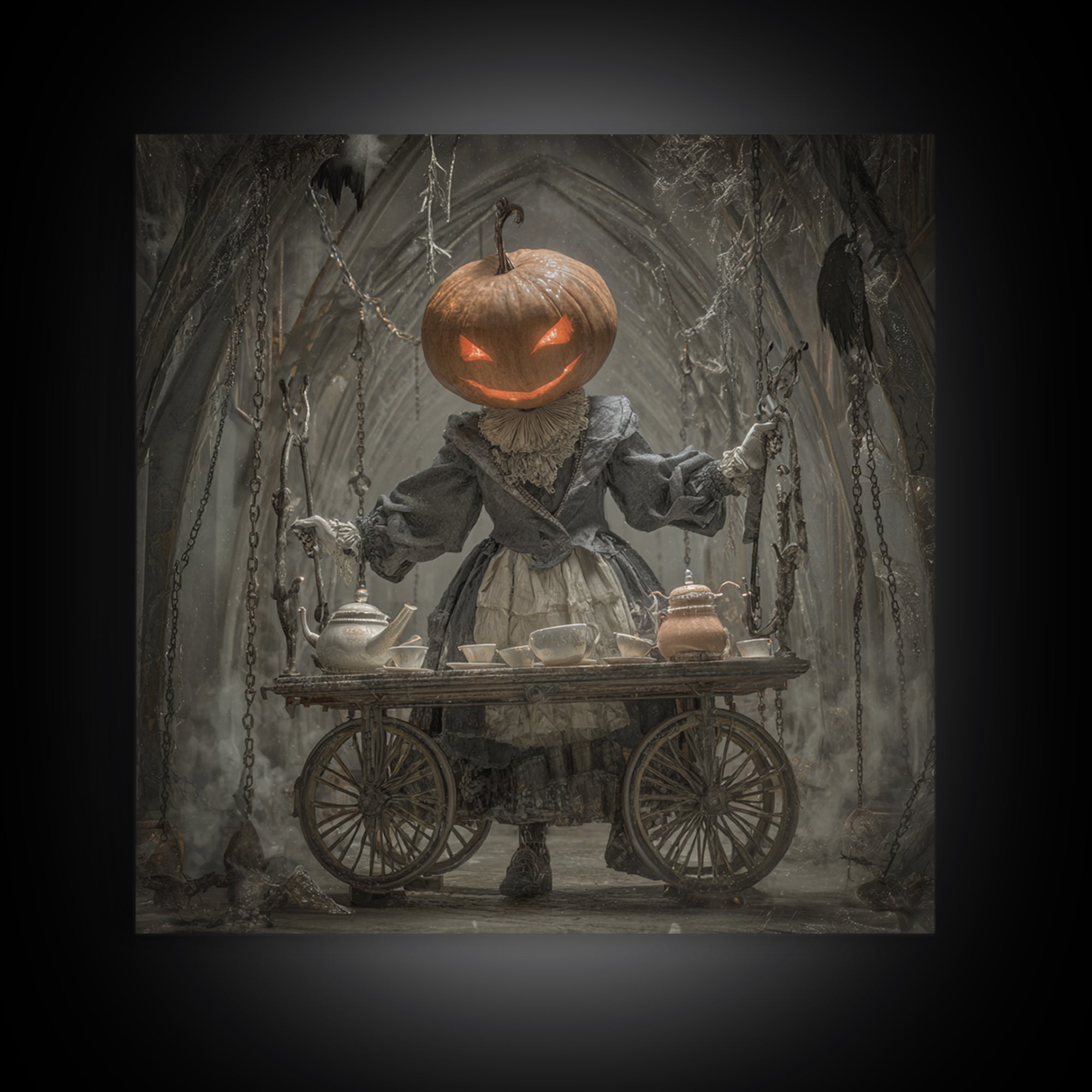 The Pumpkin-Headed Tea Merchant, Square Wall Art, Dark Fantasy Wall Art, Canvas Print, Halloween Wall Decor, Gothic Home Decor