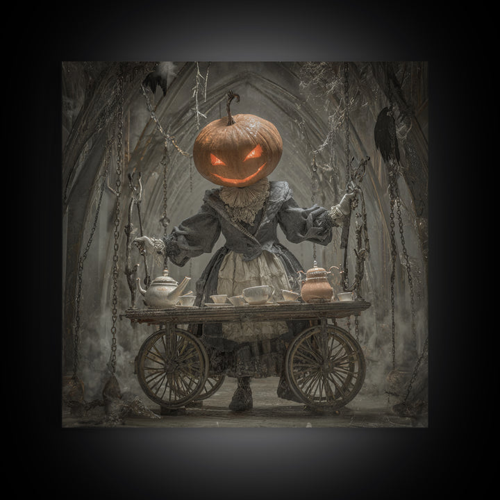 The Pumpkin-Headed Tea Merchant, Square Wall Art, Dark Fantasy Wall Art, Canvas Print, Halloween Wall Decor, Gothic Home Decor