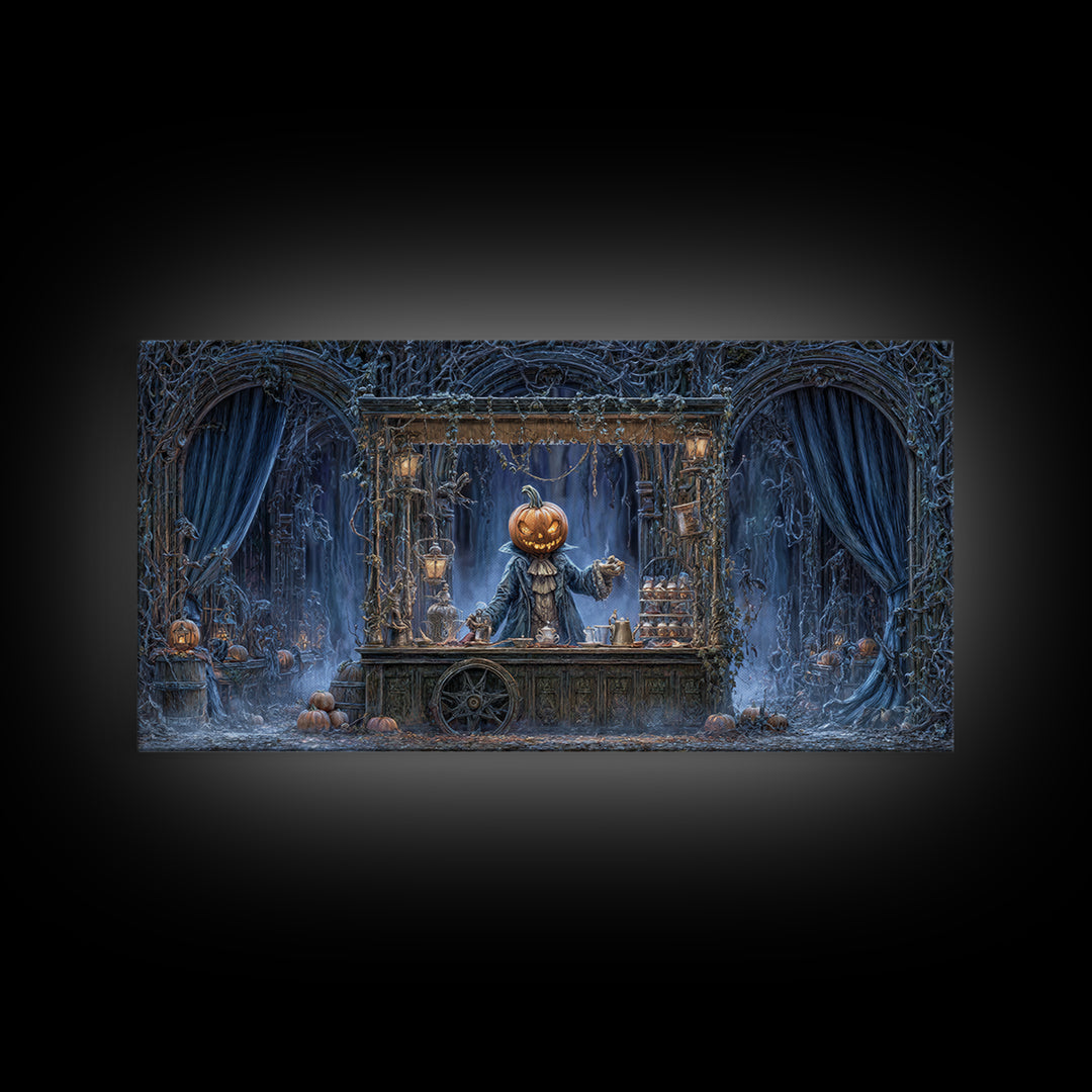 The Pumpkin-Headed Tea Merchant, Wide Panoramic Art, Dark Halloween Decor, Canvas Print, Halloween Wall Decor, Gothic Home Decor