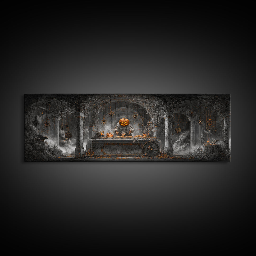 The Pumpkin-Headed Tea Merchant, Extra Wide Wall Art, Dark Fantasy Wall Art, Canvas Print, Halloween Wall Decor, Gothic Home Decor