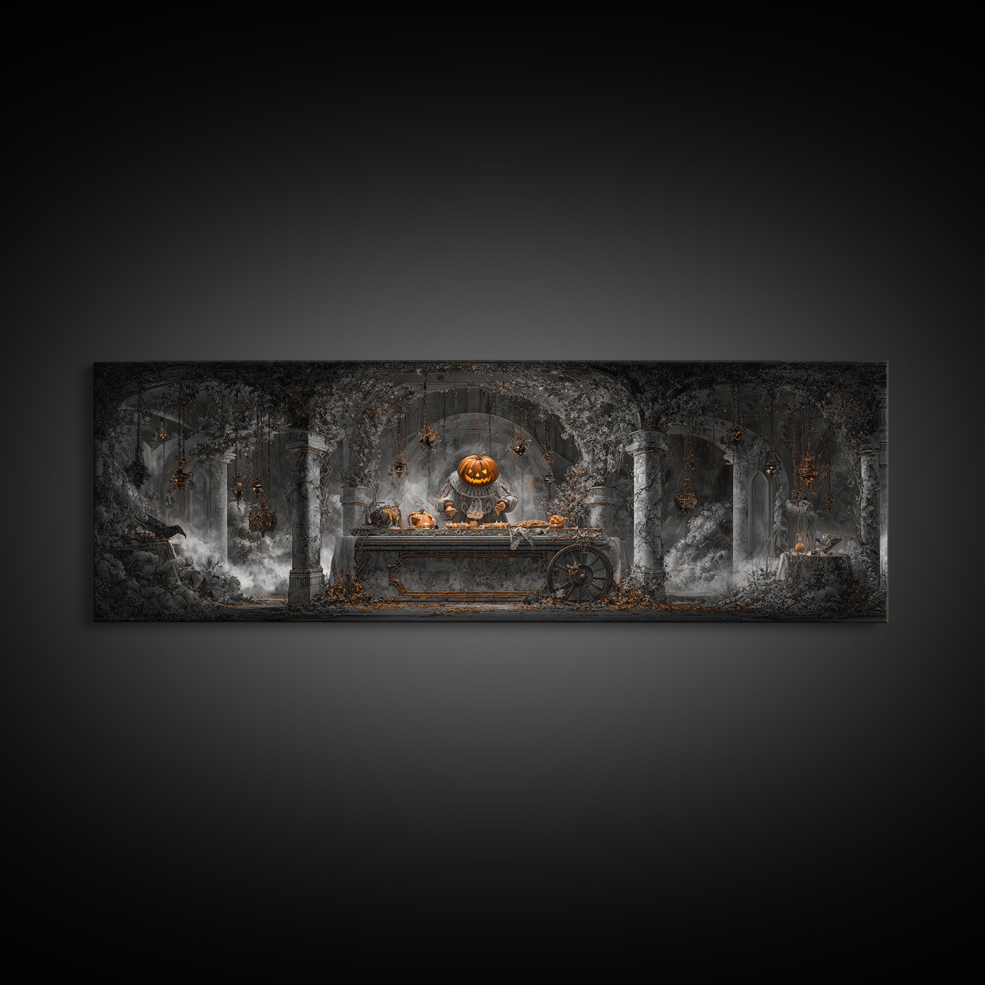 The Pumpkin-Headed Tea Merchant, Extra Wide Wall Art, Dark Fantasy Wall Art, Canvas Print, Halloween Wall Decor, Gothic Home Decor