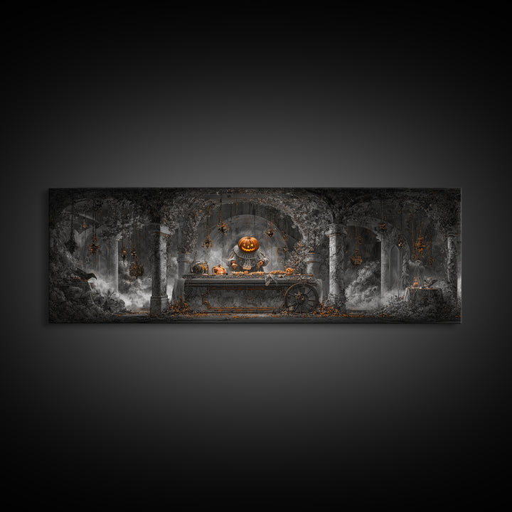 The Pumpkin-Headed Tea Merchant, Extra Wide Wall Art, Dark Fantasy Wall Art, Canvas Print, Halloween Wall Decor, Gothic Home Decor