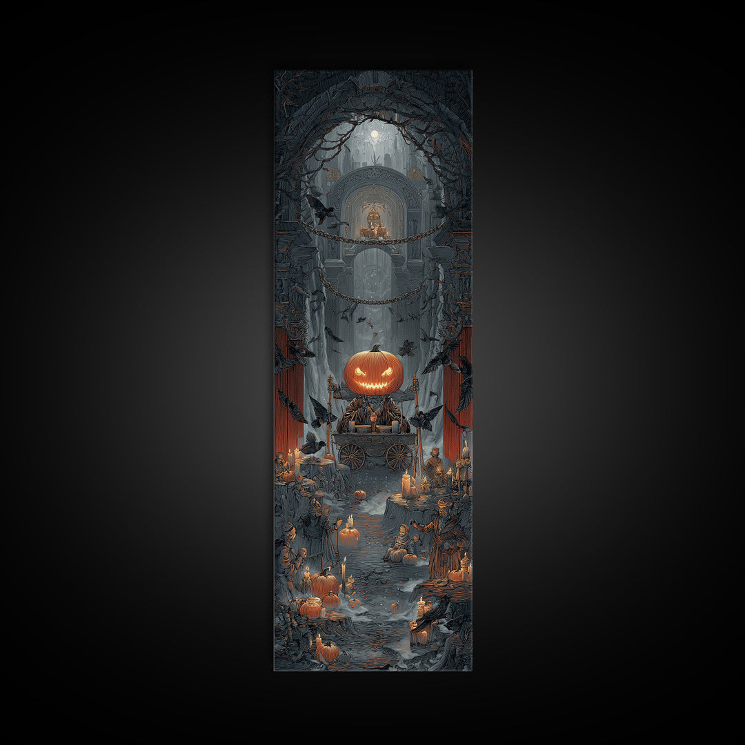 The Pumpkin-Headed Tea Merchant, Tall Narrow Wall Art, Spooky Home Decor, Canvas Print, Halloween Wall Decor, Gothic Home Decor