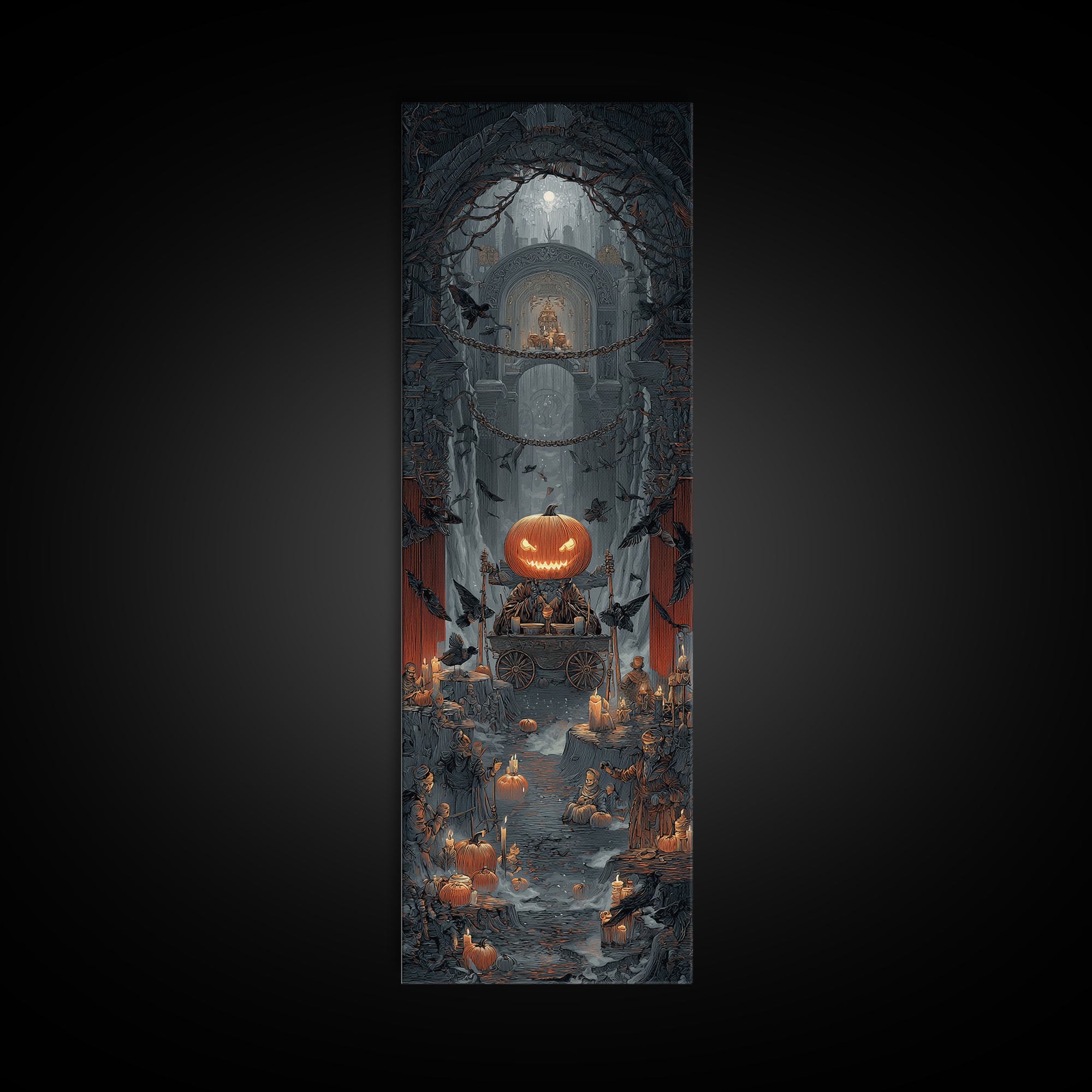 The Pumpkin-Headed Tea Merchant, Tall Narrow Wall Art, Spooky Home Decor, Canvas Print, Halloween Wall Decor, Gothic Home Decor