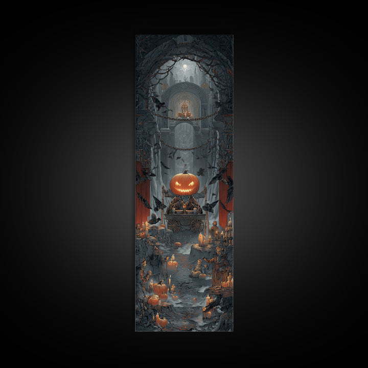 The Pumpkin-Headed Tea Merchant, Tall Narrow Wall Art, Spooky Home Decor, Canvas Print, Halloween Wall Decor, Gothic Home Decor