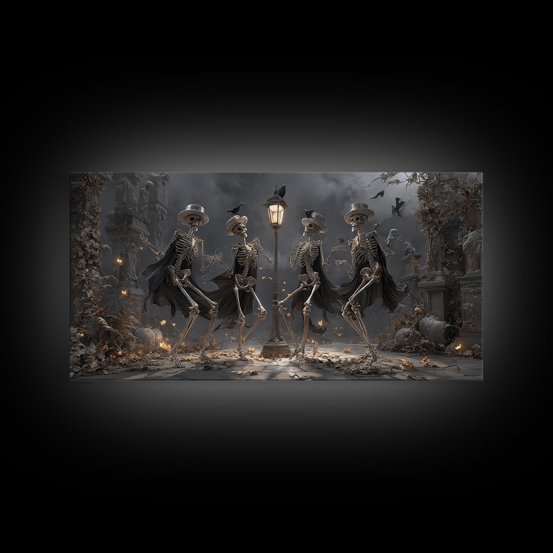 The Skeleton Barbershop Quartet, Wide Panoramic Art, Macabre Wall Art, Framed Canvas Print, Halloween Wall Decor, Gothic Home Decor