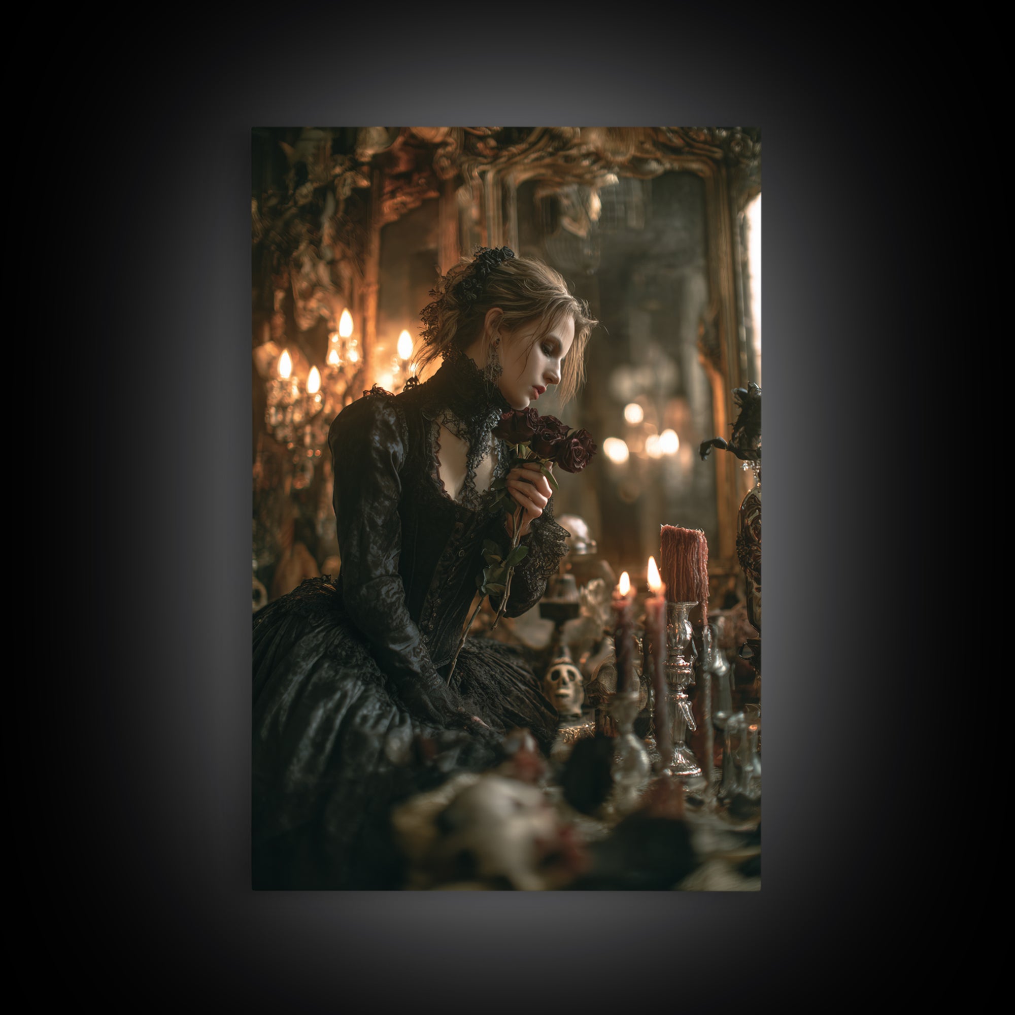 The Vampire Florist, Vertical Wall Art, Haunted Gothic Art, Framed Canvas Print, Halloween Wall Decor, Gothic Home Decor, Horror Wall Art