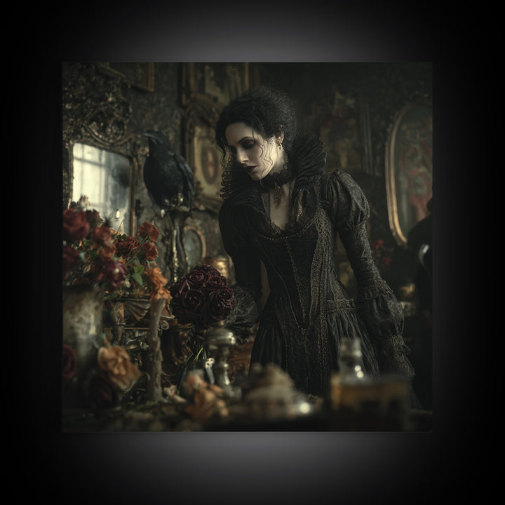 The Vampire Florist, Square Wall Art, Gothic Horror Wall Art, Framed Canvas Print, Halloween Wall Decor, Gothic Home Decor
