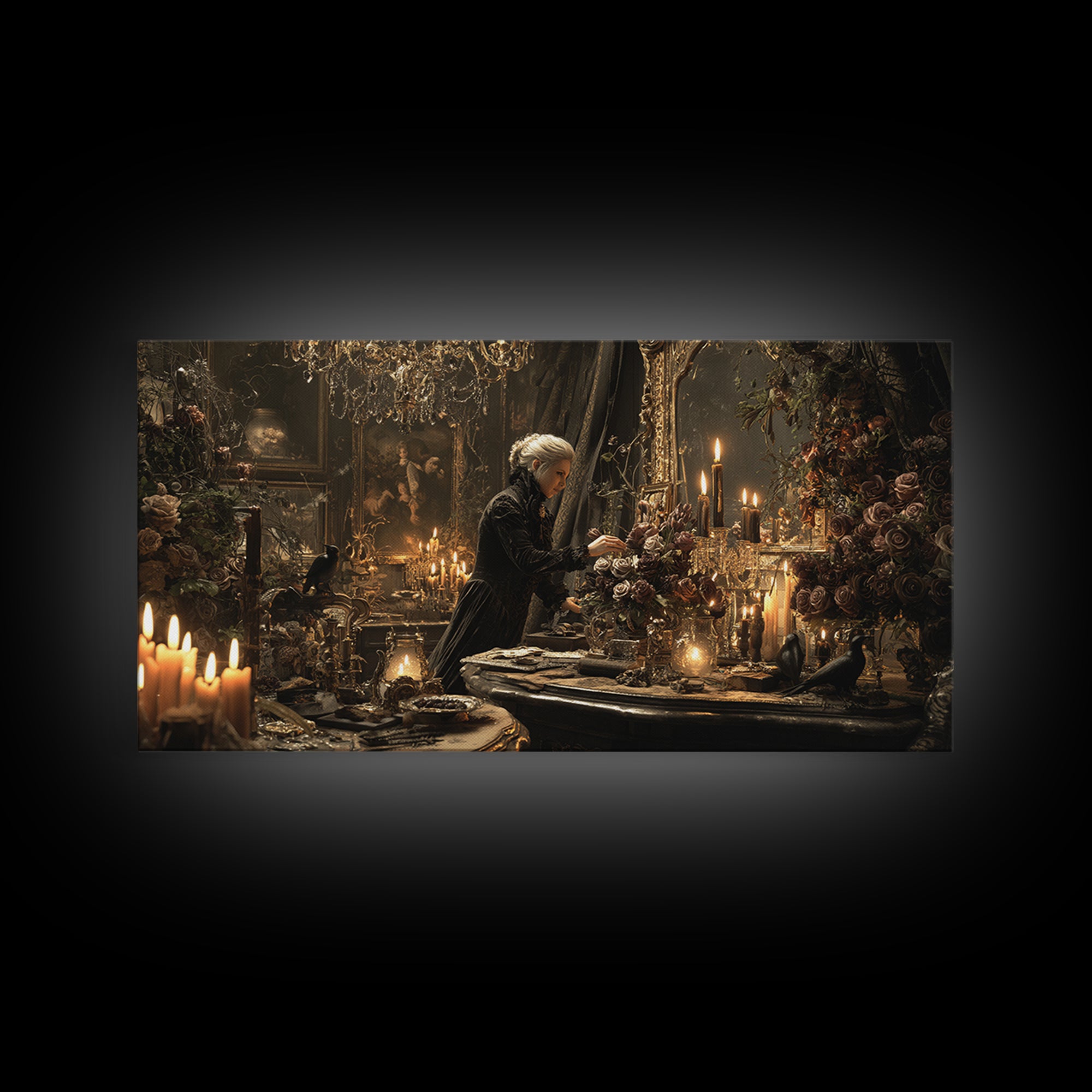 The Vampire Florist, Wide Panoramic Art, Dark Halloween Decor, Canvas Print, Halloween Wall Decor, Gothic Home Decor, Macabre Wall Art