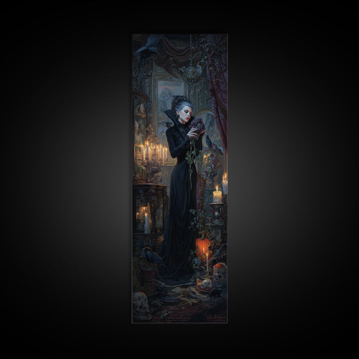 The Vampire Florist, Tall Narrow Wall Art, Spooky Home Decor, Canvas Print, Halloween Wall Decor, Gothic Home Decor, Macabre Wall Art