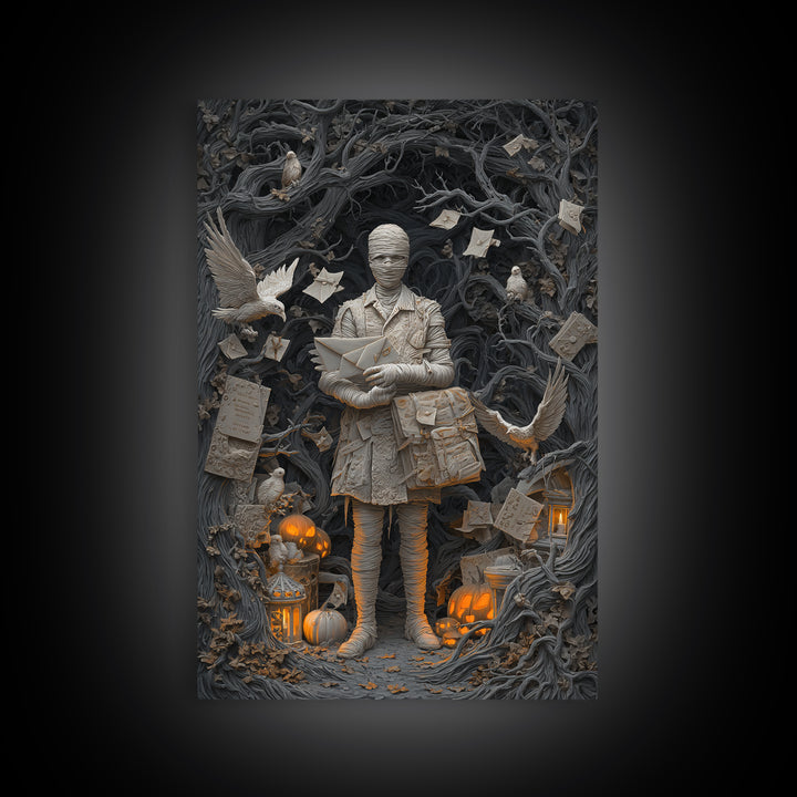 The Mummy Mail Carrier, Vertical Wall Art, Gothic Horror Wall Art, Framed Canvas Print, Halloween Wall Decor, Gothic Home Decor
