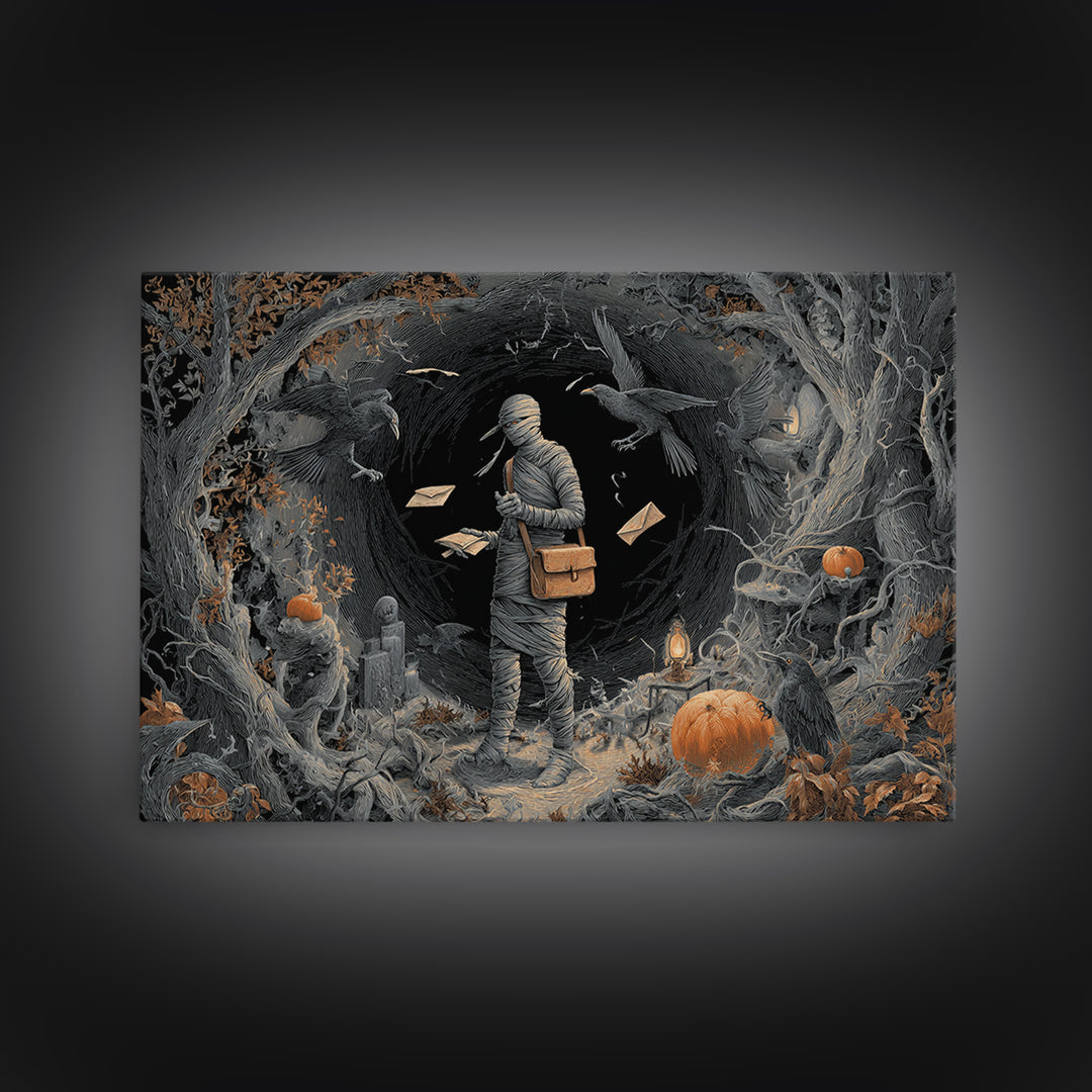 The Mummy Mail Carrier, Landscape Wall Art, Haunted Gothic Art, Framed Canvas Print, Halloween Wall Decor, Gothic Home Decor