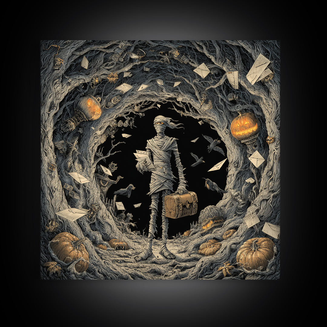 The Mummy Mail Carrier, Square Wall Art, Dark Fantasy Wall Art, Canvas Print, Halloween Wall Decor, Gothic Home Decor, Spooky Wall Decor