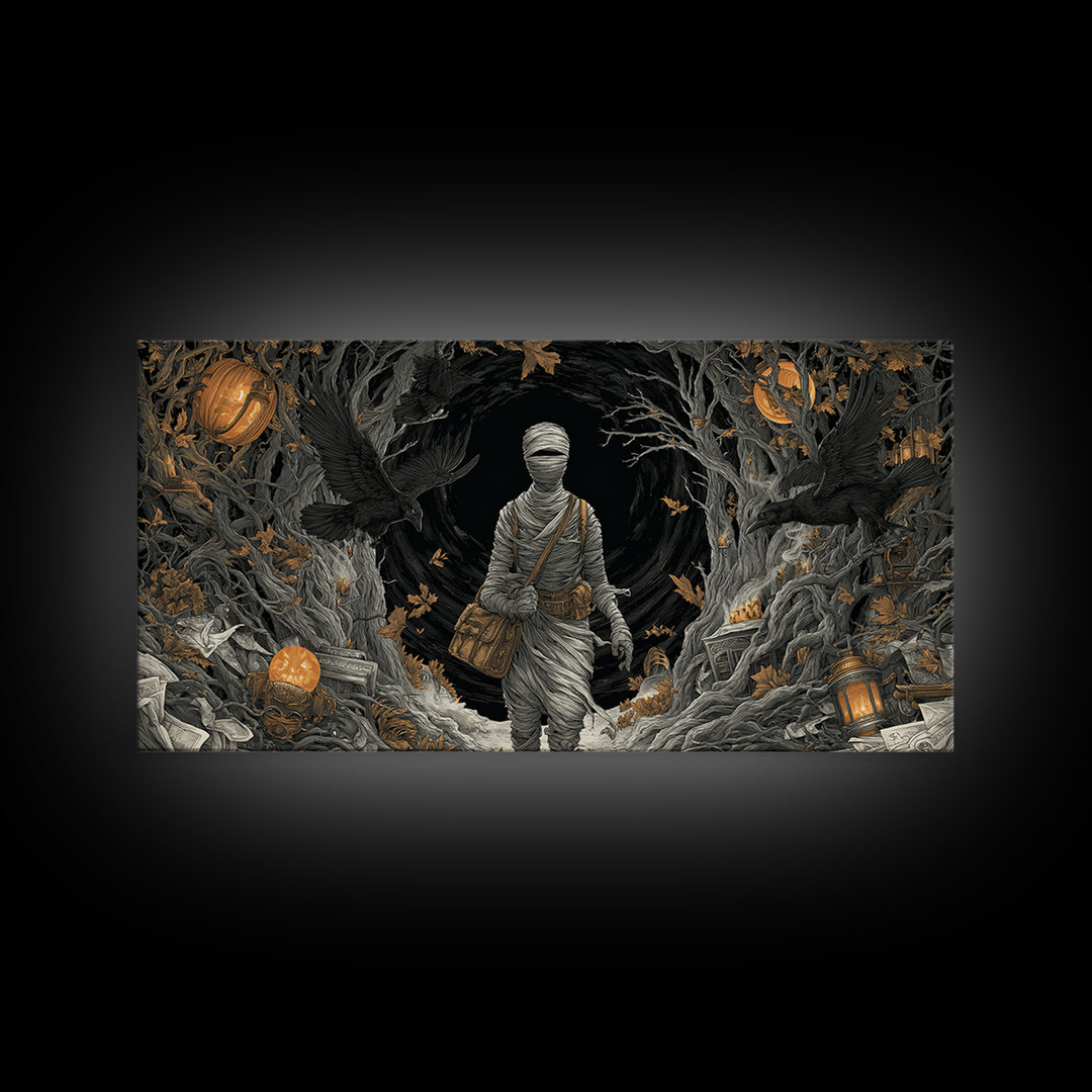 The Mummy Mail Carrier, Wide Panoramic Art, Dark Fantasy Wall Art, Canvas Print, Halloween Wall Decor, Gothic Home Decor, Spooky Wall Decor