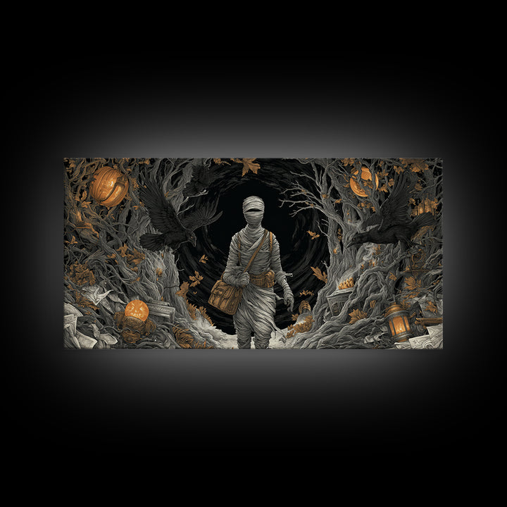 The Mummy Mail Carrier, Wide Panoramic Art, Dark Fantasy Wall Art, Canvas Print, Halloween Wall Decor, Gothic Home Decor, Spooky Wall Decor
